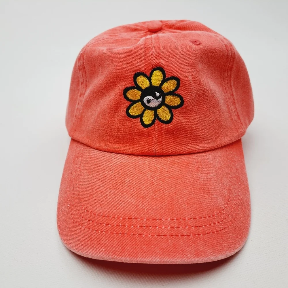 Yin Yang Flower Embroidered Relaxed Cotton Hat Cap Orange Washed Adjustabl…